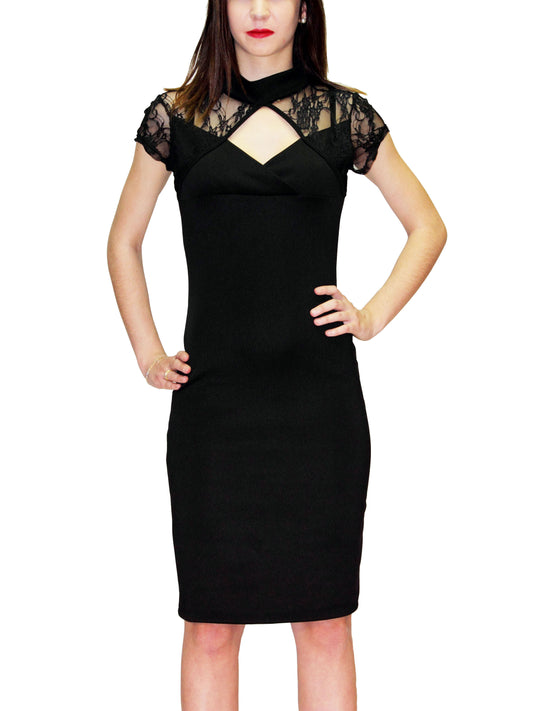 Black Spandex dress lace up back triangle neck with small sleeve