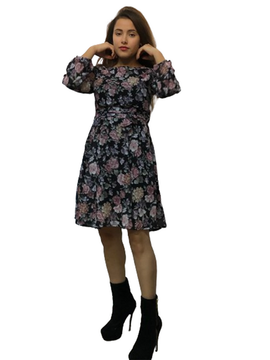 Flower Elegant Long Sleeves Printed Dress-Tunik,