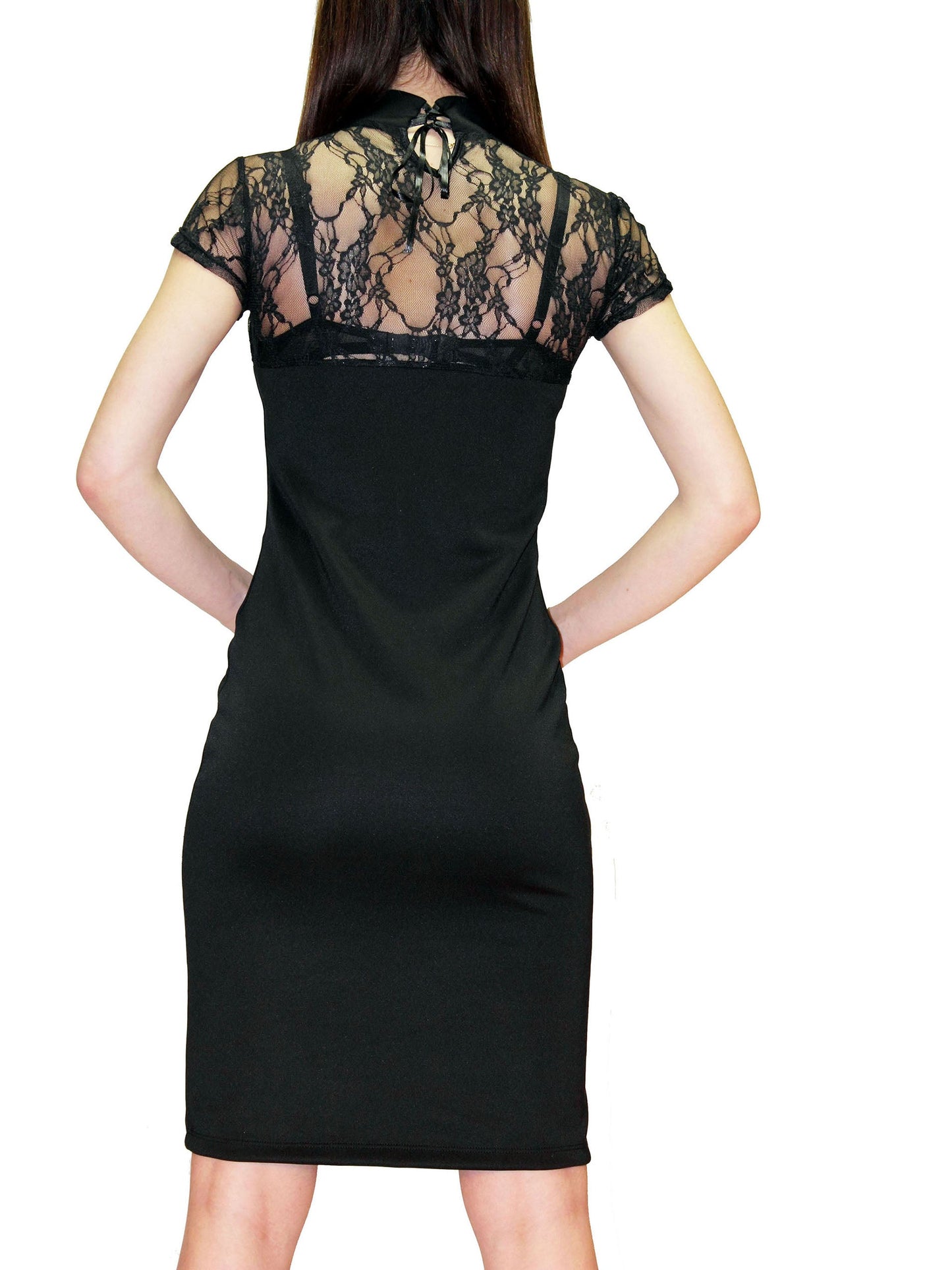 Robe noire en spandex avec lacets dans le dos, col triangle et petites manches 