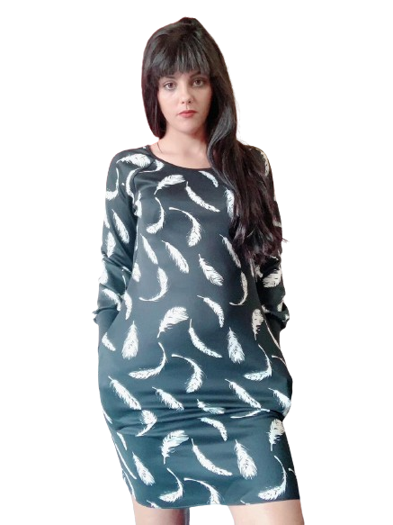 Feather print Spandex fabric dress long sleeves and pocket